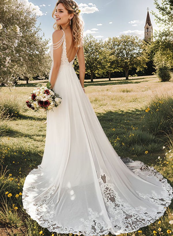 A Line V Neck Sweep Train Wedding Dress With Lace Split Front
