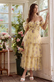 Off the Shoulder Yellow Floral Tiered Ruched Wedding Guest Dress