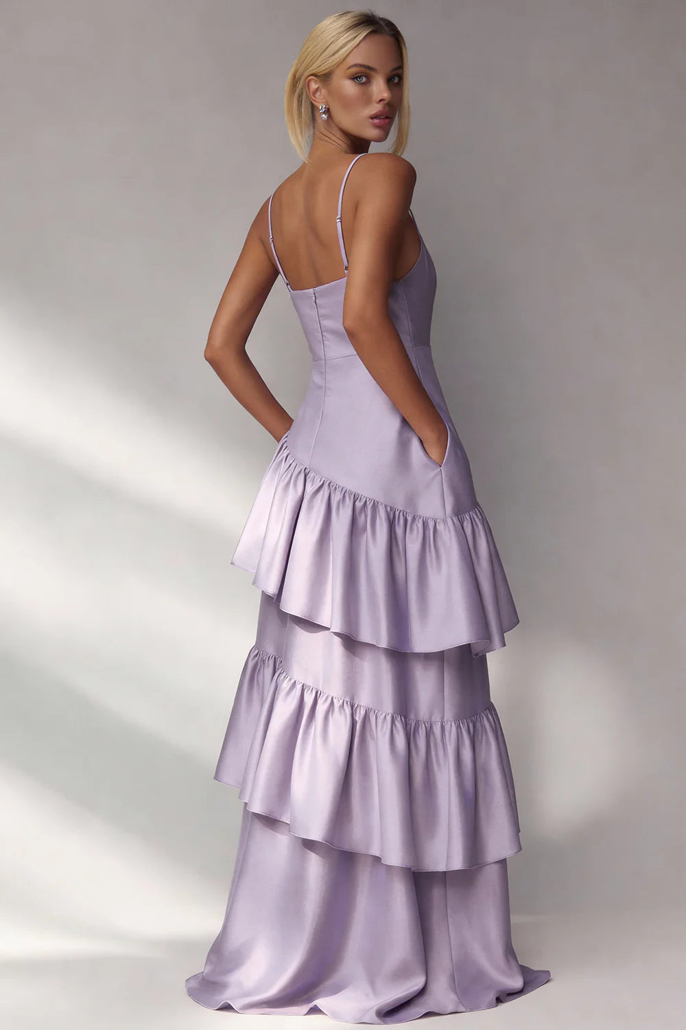 Light Blue A Line Tiered Ruffle Spaghetti Straps Long Formal Dress