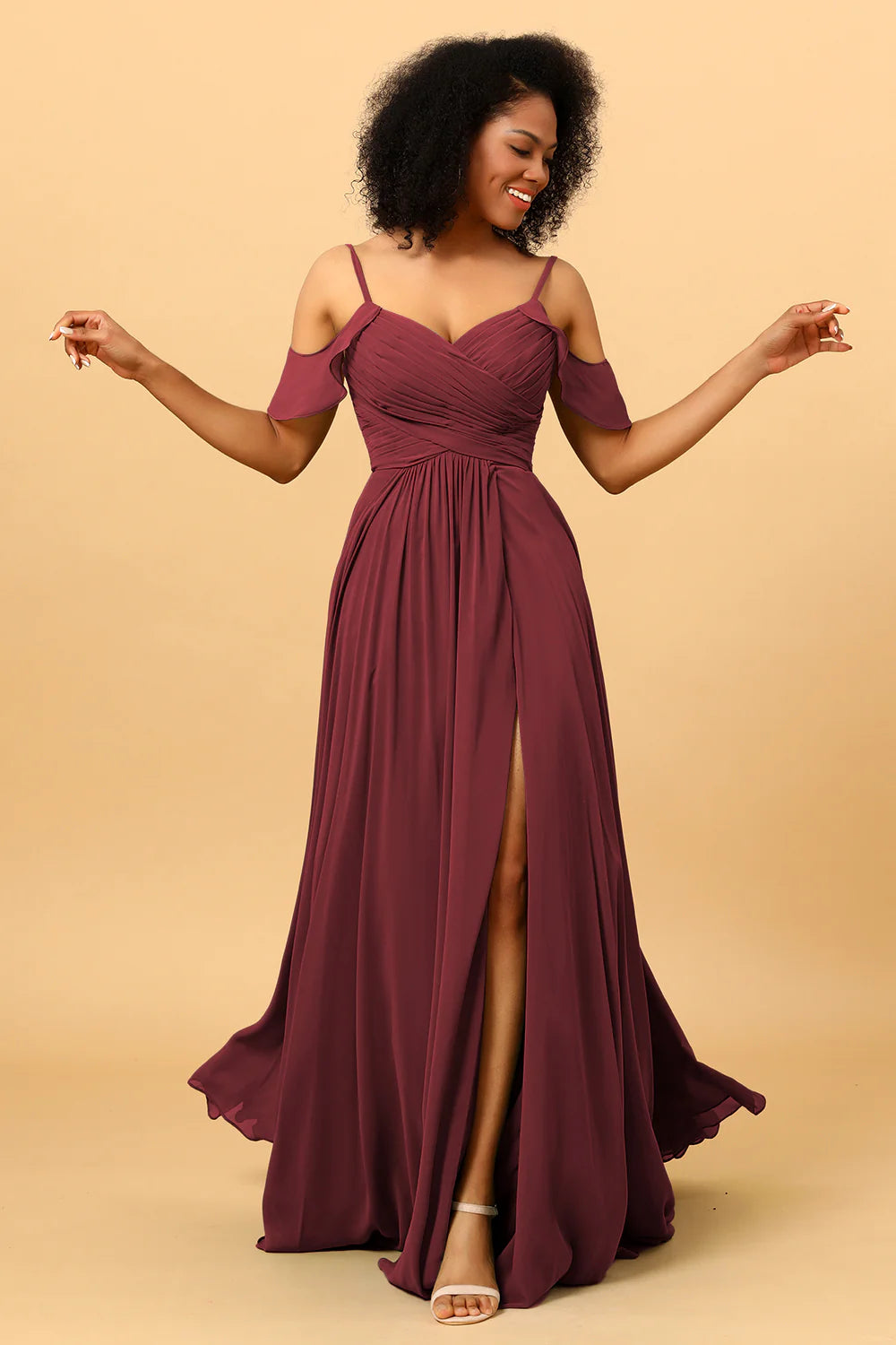 A Line Spaghetti Straps Long Chiffon Bridesmaid Dress With Slit