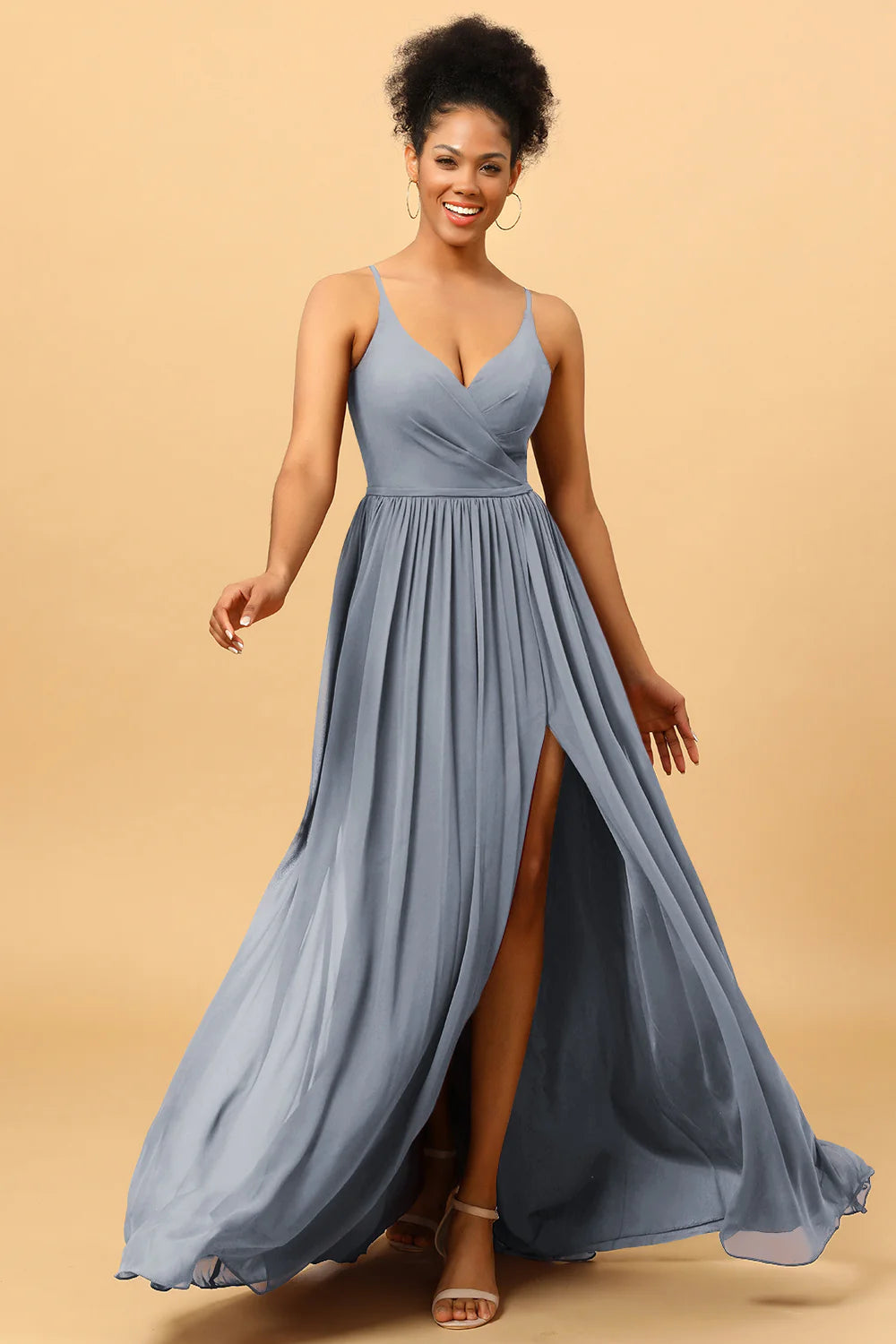 A Line Spaghetti Straps Ruched Long Chiffon Bridesmaid Dress with Slit