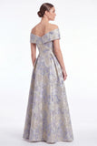 Off the Shoulder A Line Blue Floral Jacquard Mother of the Bride Dress