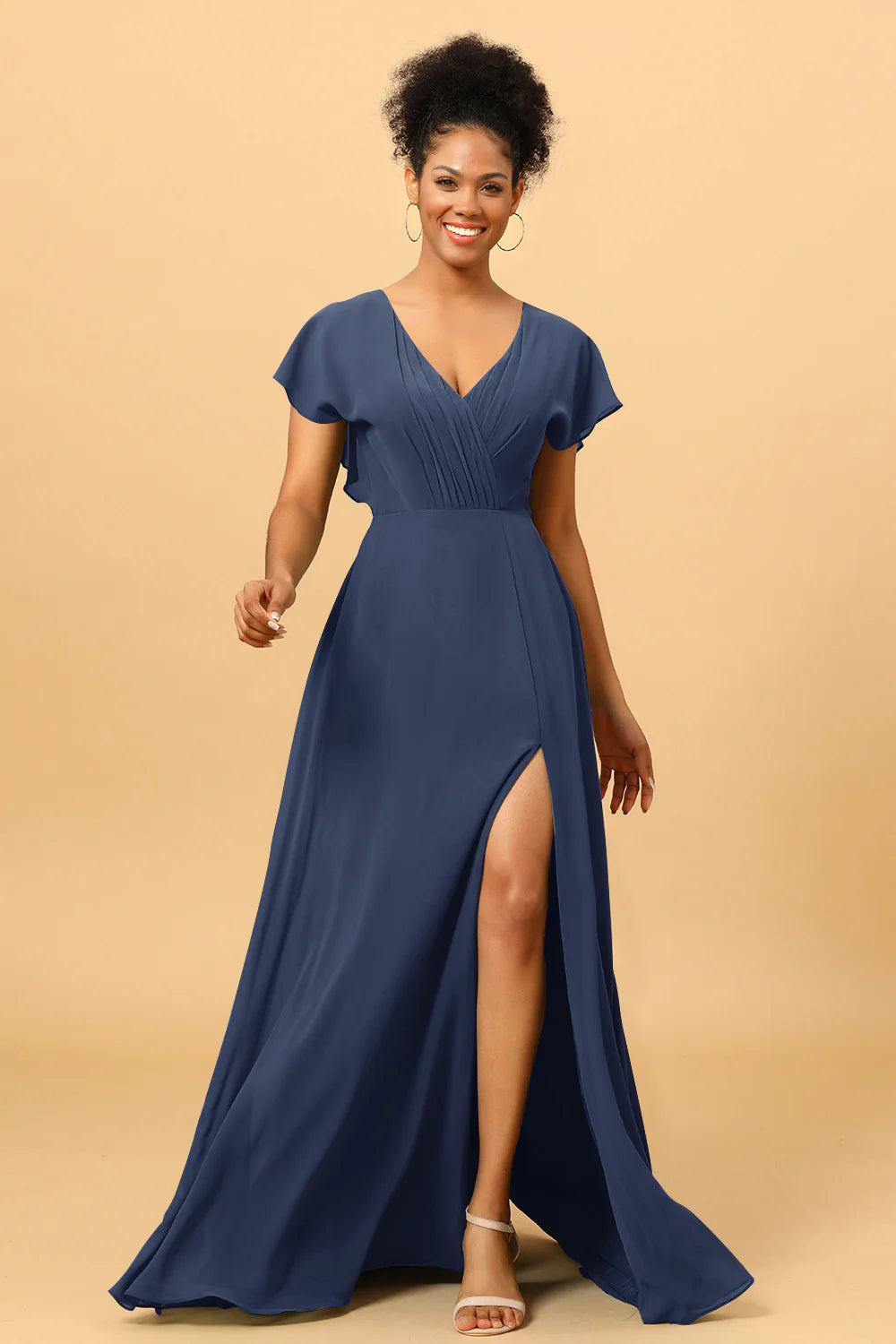 A Line V Neck Ruched Chiffon Bridesmaid Dress with Slit