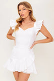 EXPLORING NEW CITIES WHITE DENIM RUFFLE SKORT ROMPER