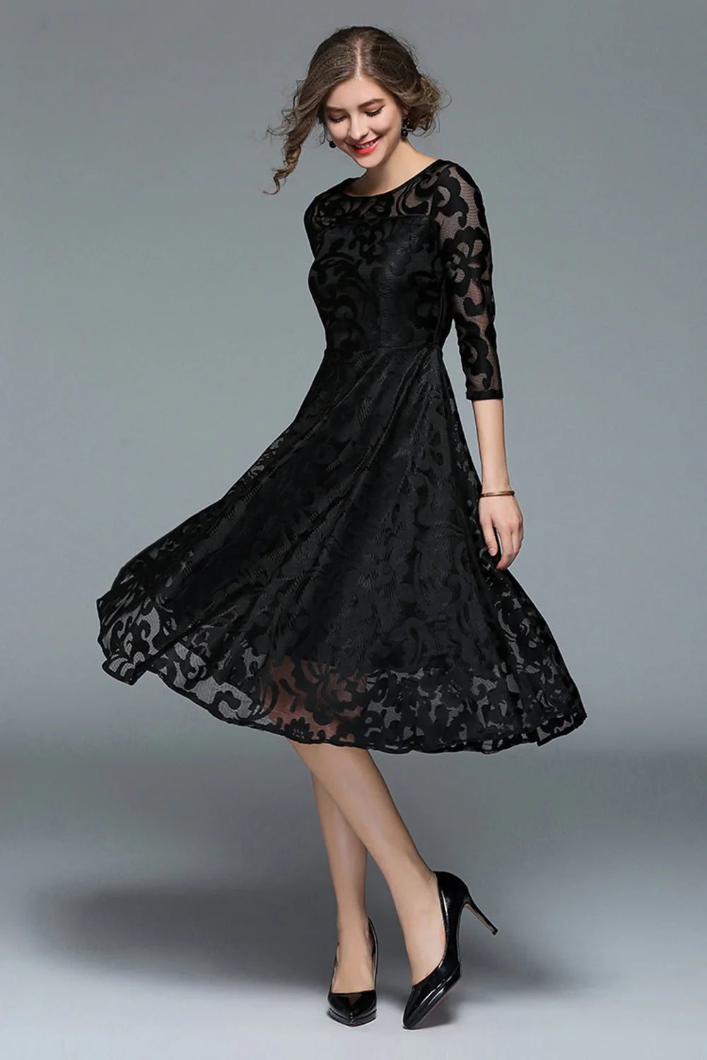 Peacock A Line Round Neck Midi Mother Of The Bride Dress with Half Sleeves