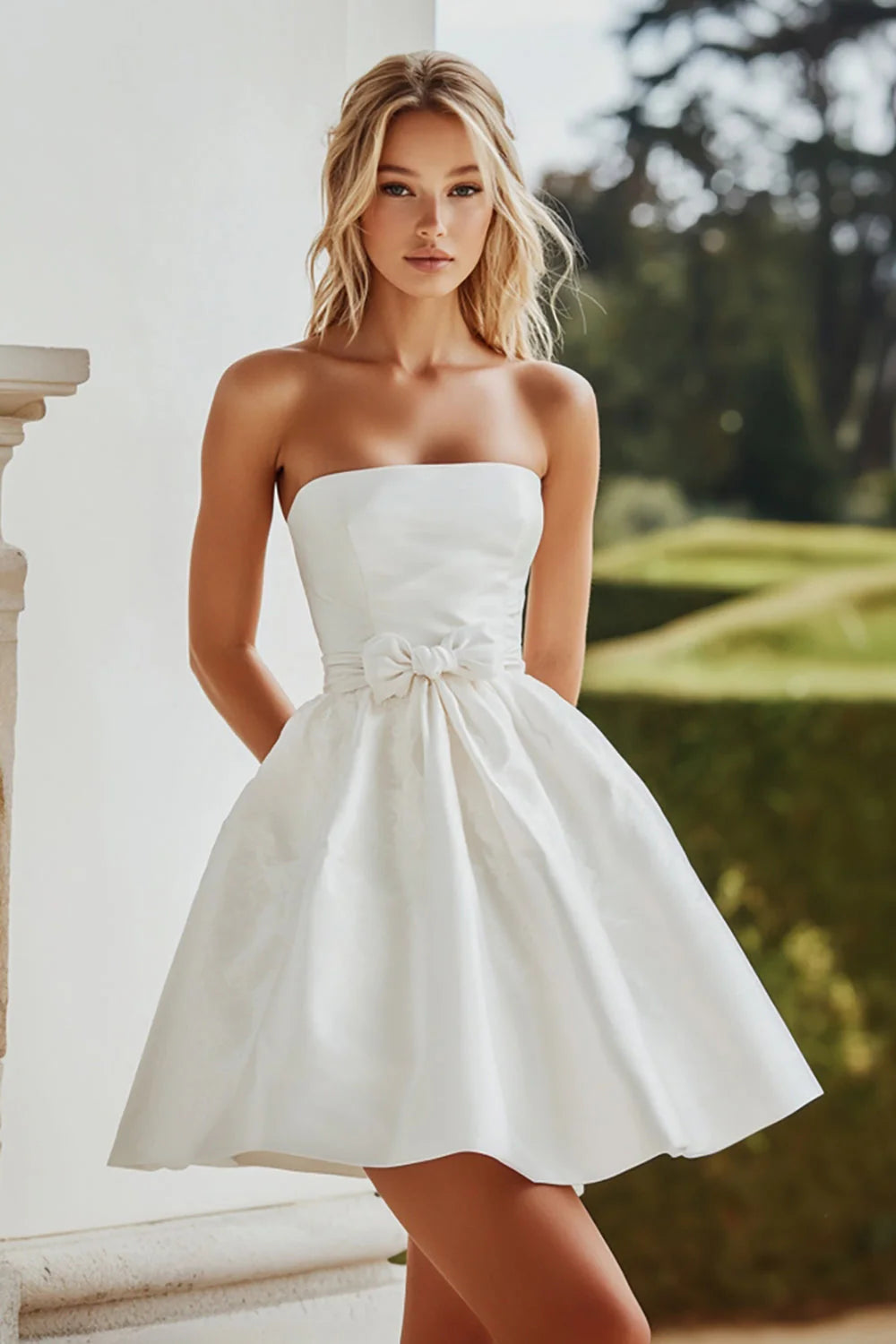 White A Line Strapless Satin Mini Graduation Dress