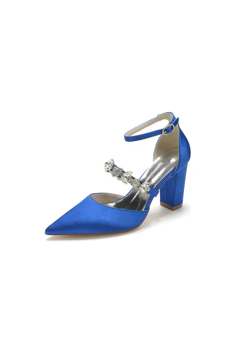 Satin Pointed Toe Rhinestone Strappy Chunky Heels