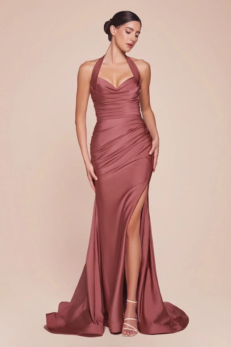 Autumn Gown Stretch Spandex Satin Halter Fitted Dress