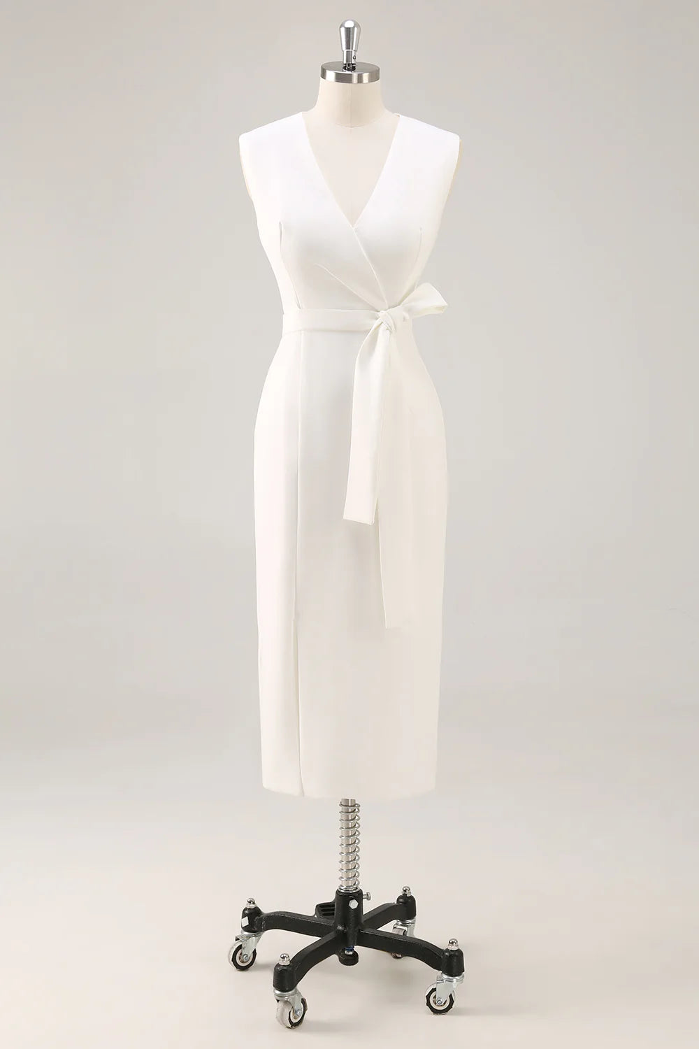 White Satin V Neck Work Dress with Belt