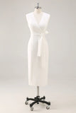 White Satin V Neck Work Dress with Belt