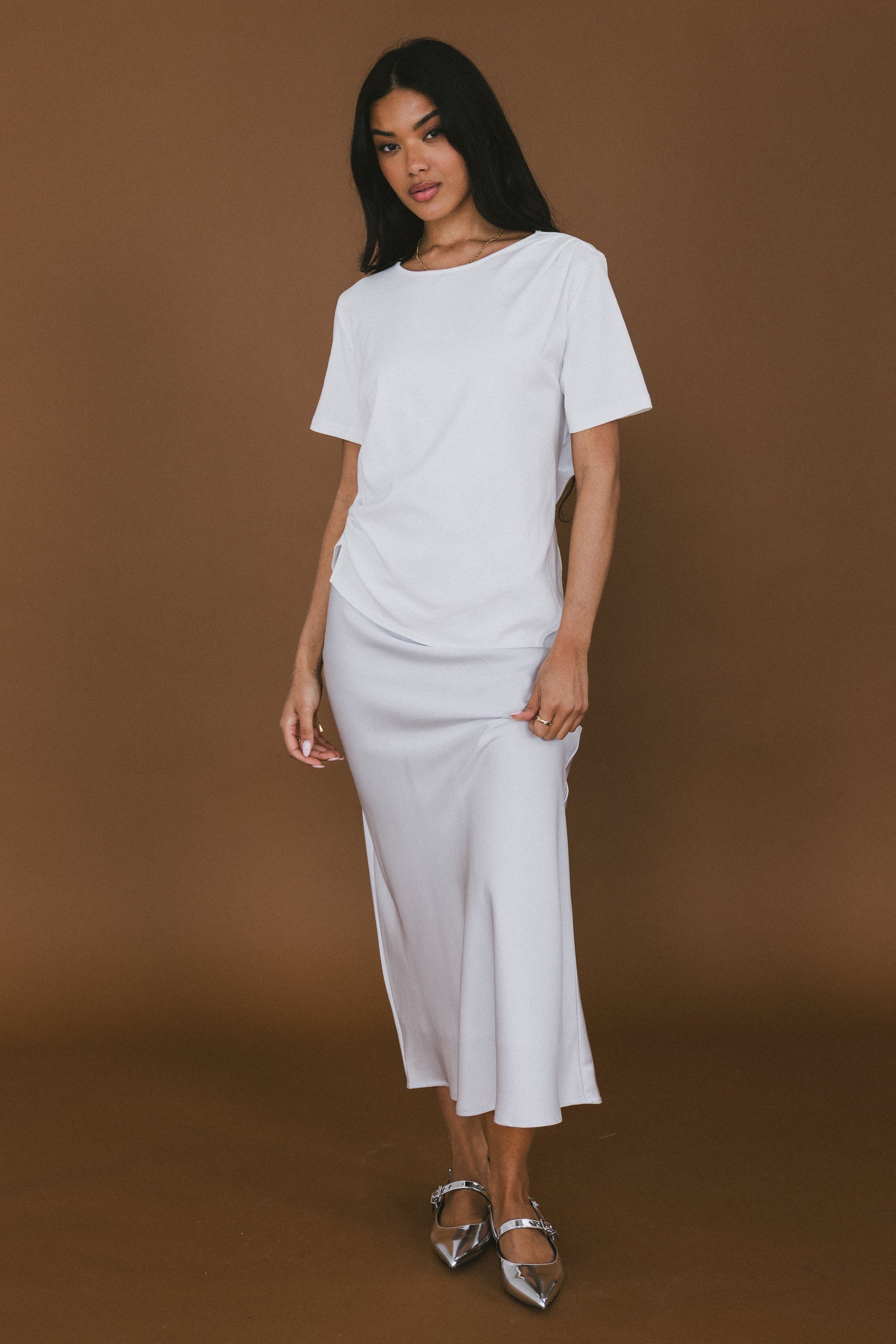 Tory Satin Maxi Skirt in Silver