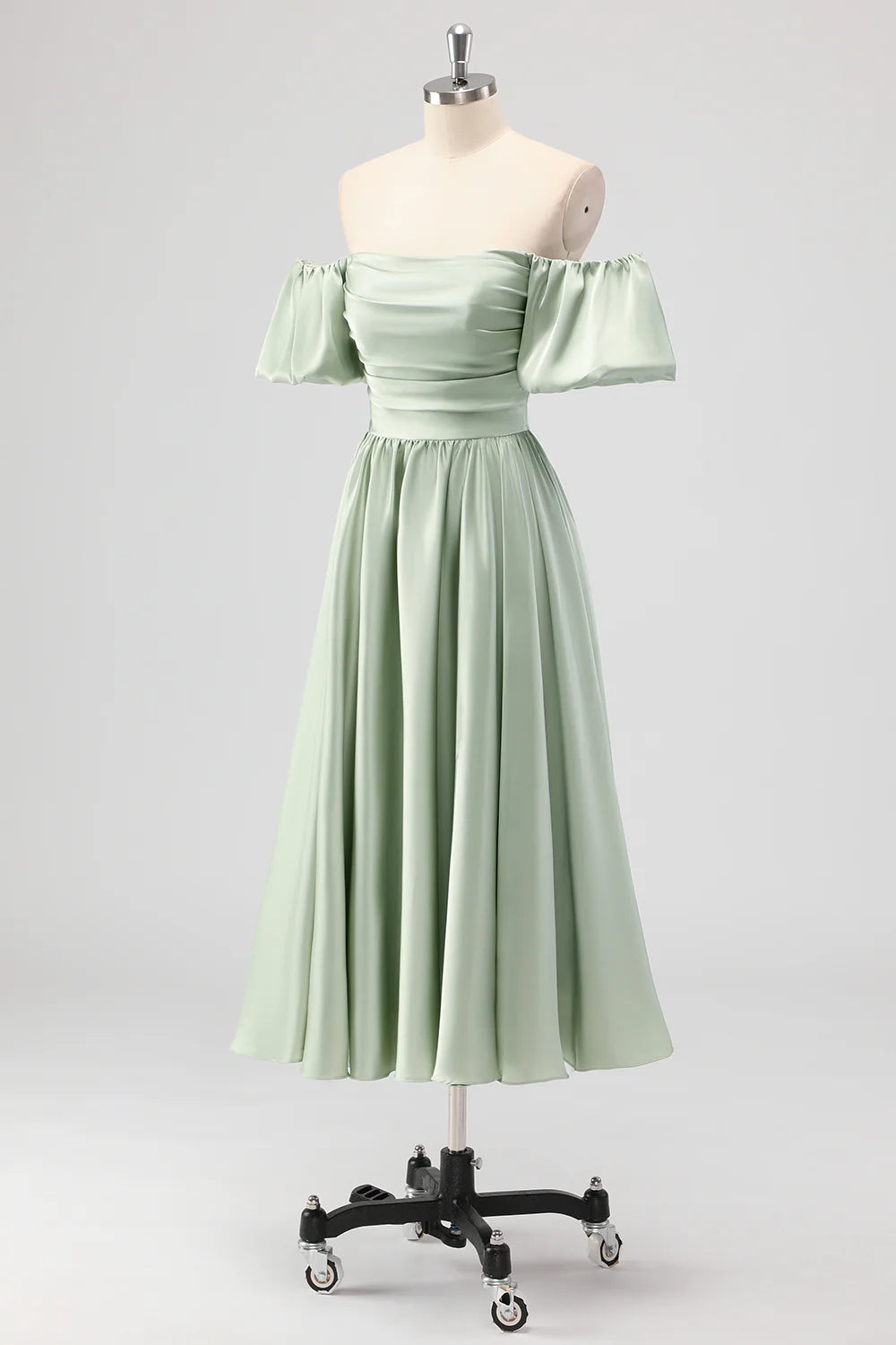 Sage Green A Line Off The Shoulder Ruched Satin Midi Dress