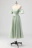 Sage Green A Line Off The Shoulder Ruched Satin Midi Dress