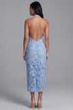 Halter Blue Appliqued Sheath Midi Wedding Guest Dress