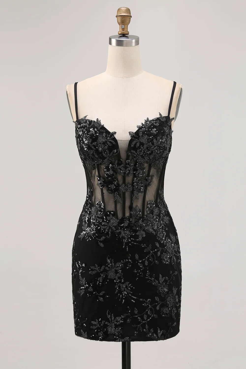 Sparkly Black Spaghetti Straps Sequins Sheer Corset Tight Homecoming Dress