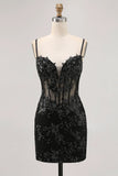 Sparkly Black Spaghetti Straps Sequins Sheer Corset Tight Homecoming Dress
