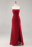 Dark Red Sheath Spaghetti Straps Ruched Bridesmaid Dress with Slit