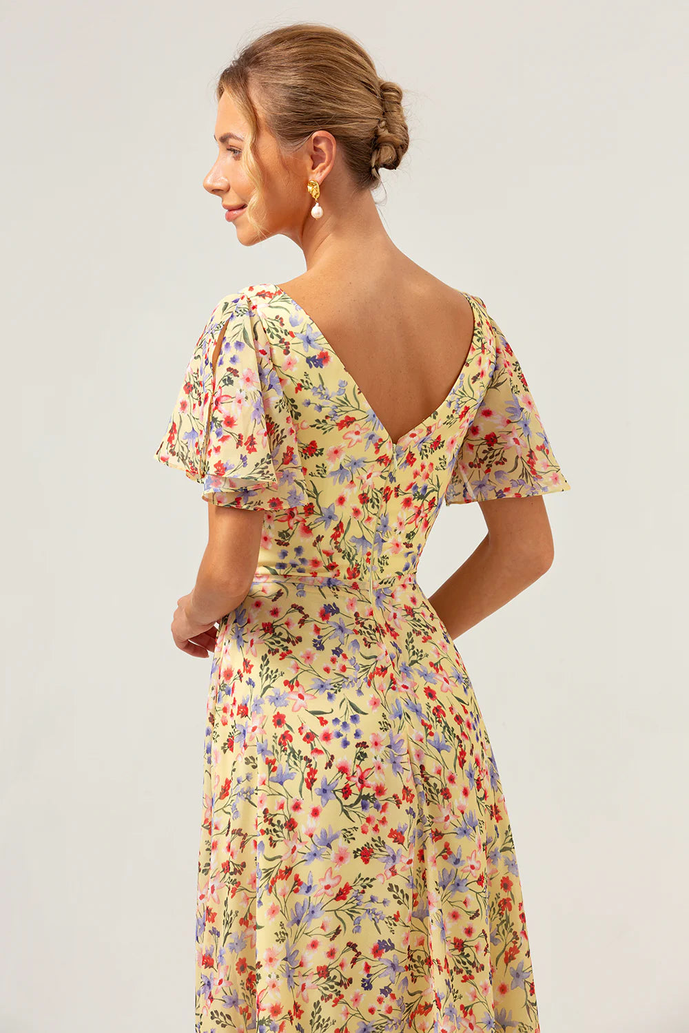 Yellow Flower Printed A Line Chiffon Long Bridesmaid Dress with Short Sleeves