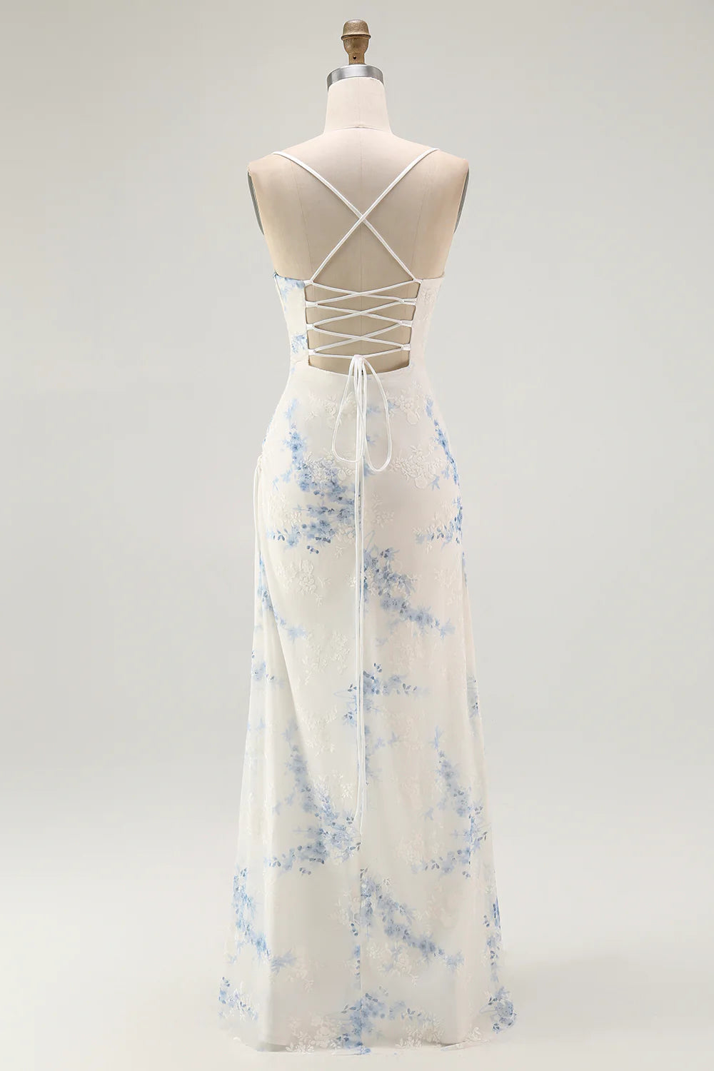White Blue Flower Sheath Velvet Burnout Maxi Dress with Lace Up Back