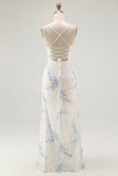 White Blue Flower Sheath Velvet Burnout Maxi Dress with Lace Up Back
