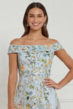 Off the Shoulder Light Blue Floral A Line Midi Wedding Guest Dress