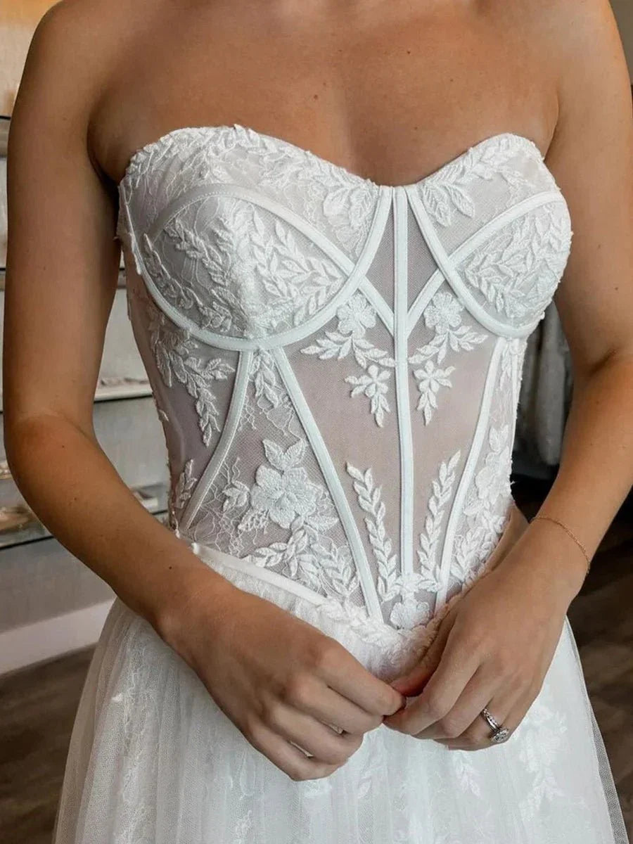 Charming A Line Strapless Tulle Lace Wedding Dresses