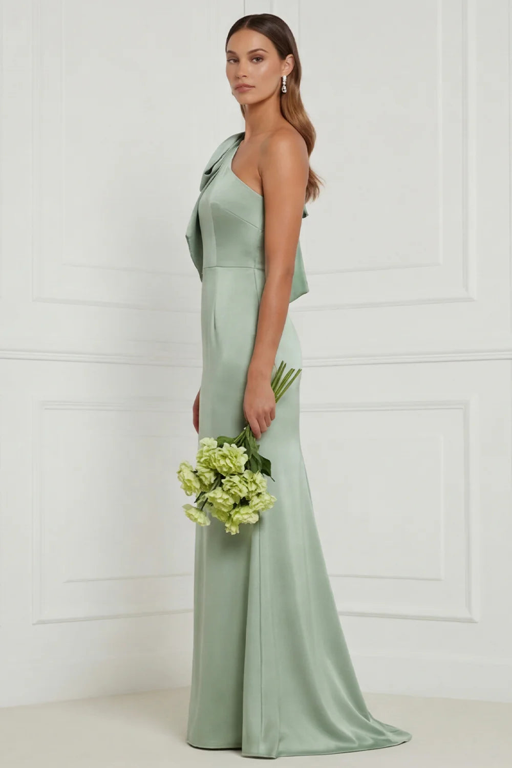 Sage Green One Shoulder Mermaid Satin Long Bridesmaid Dress with Bow