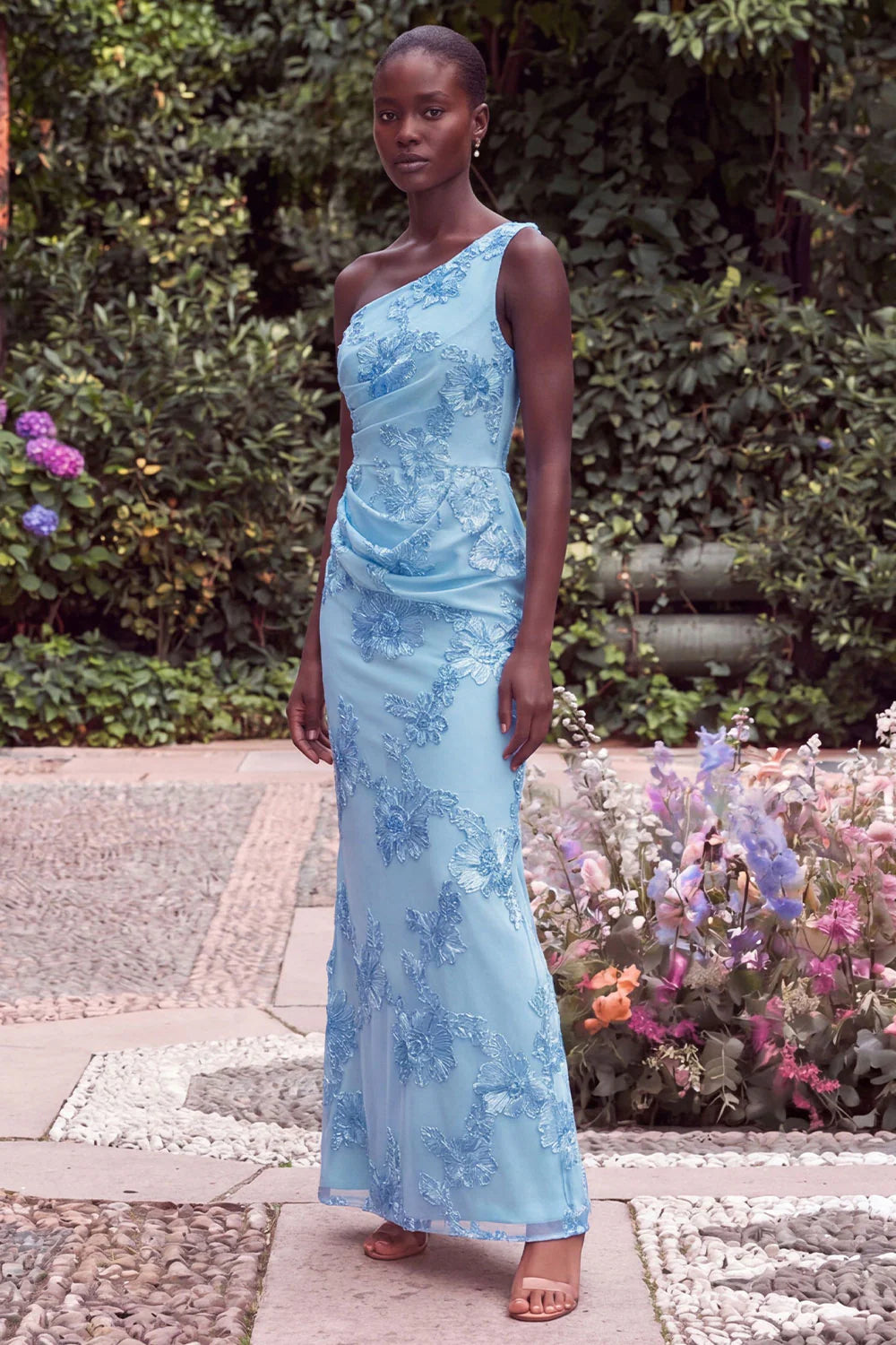 Sage Floral Embroidery One Shoulder Mermaid Wedding Guest Dress