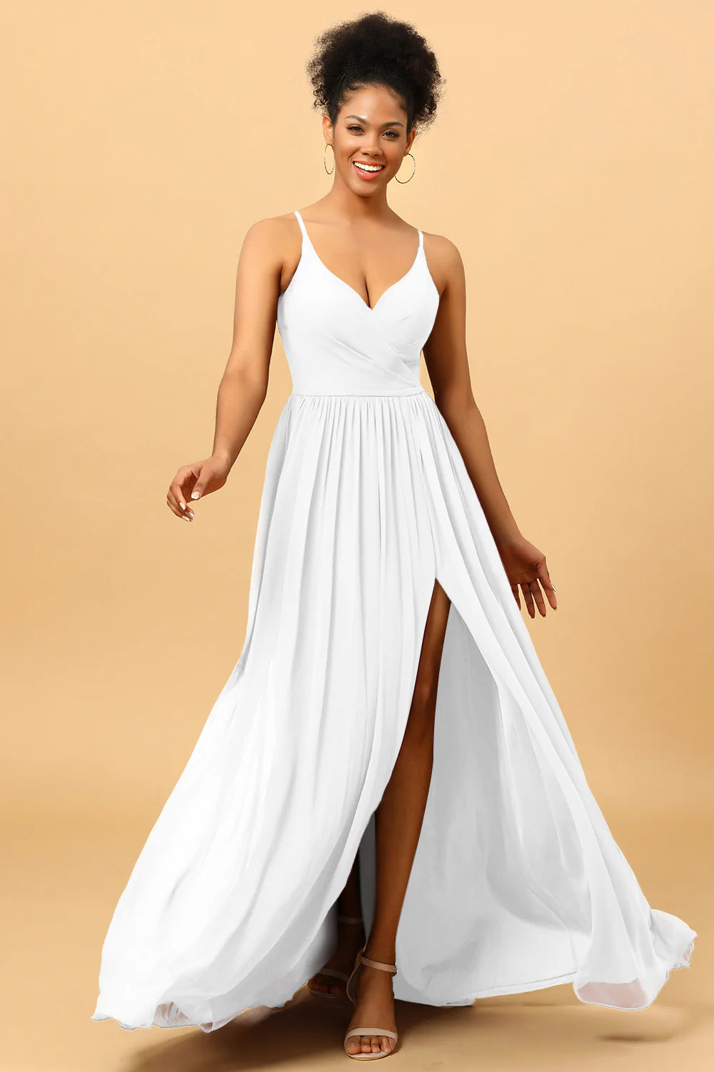 A Line Spaghetti Straps Ruched Long Chiffon Bridesmaid Dress with Slit