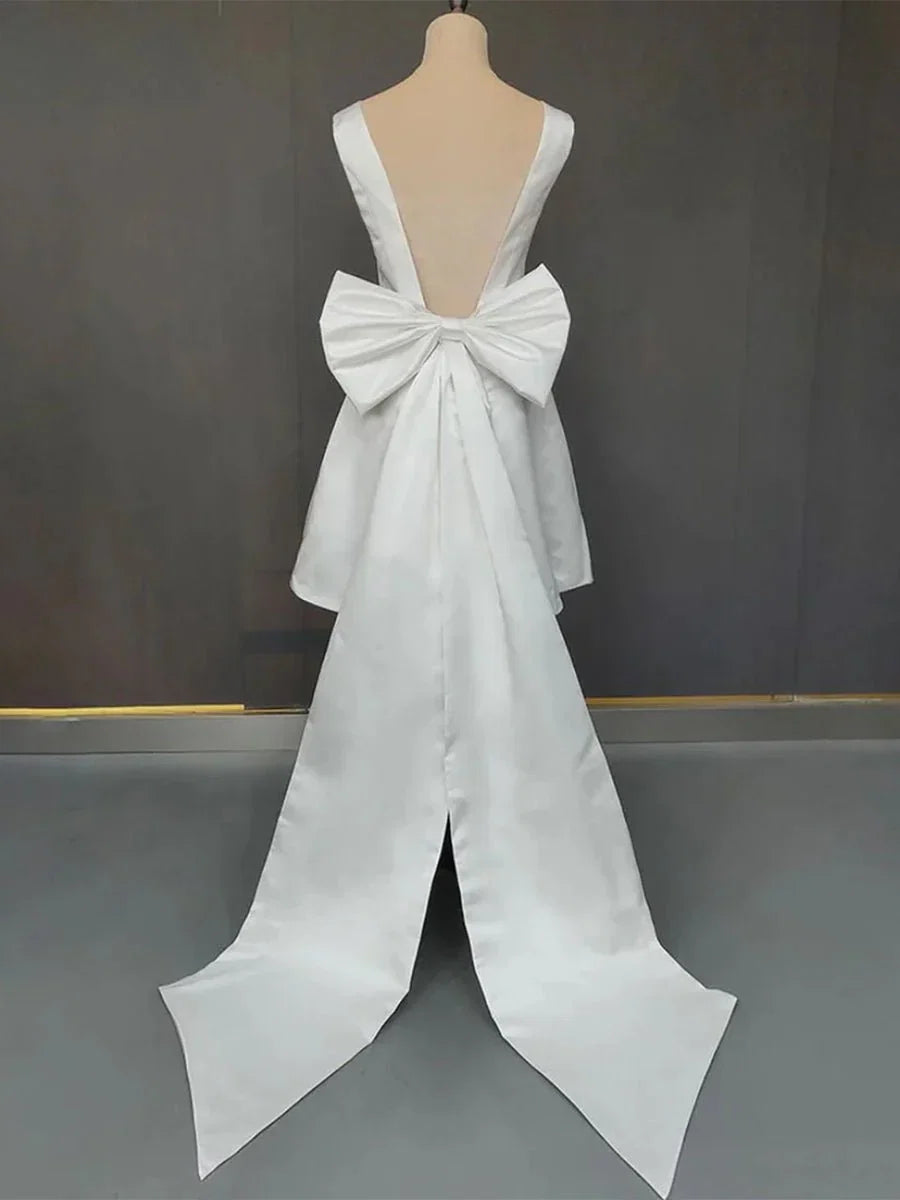 A Line Satin V Neck Short Wedding Dress with Large Bow