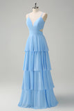 Sky Blue A Line V Neck Tiered Long Bridesmaid Dress with Lace Up Back