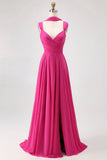 Fuchsia A Line Open Back Convertible Chiffon Long Bridesmaid Dress with Slit