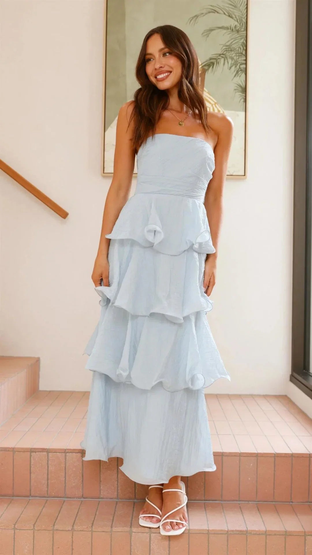 Gabby Maxi Dress Pale Blue Strapless Tiered Dress