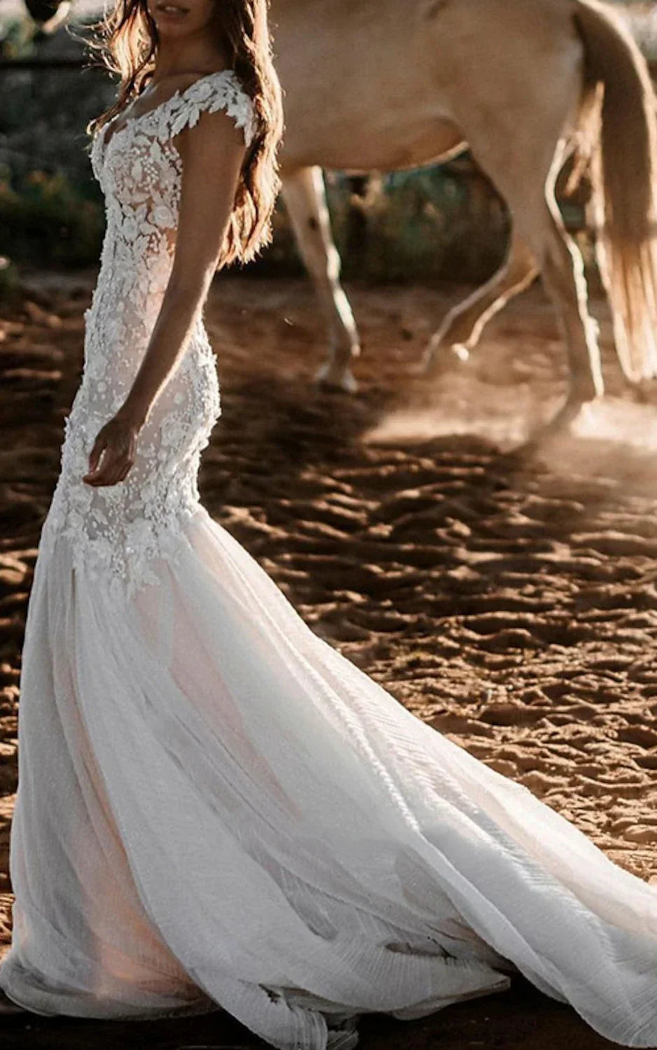 Boho Mermaid Wedding Dress Floral V neck Casual Gown with Open Back and Lace Appliques