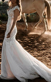 Boho Mermaid Wedding Dress Floral V neck Casual Gown with Open Back and Lace Appliques