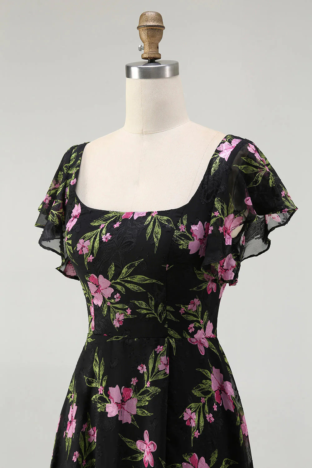 Black Pink Flower A Line Square Neck Printed Long Bridesmaid Dress with Flutter Sleeves