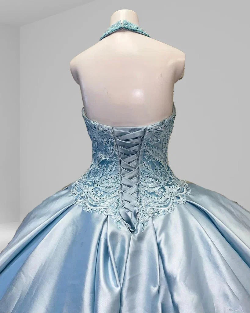 Halter Beaded Sky Blue Satin Ball Gown Quinceañera Dress
