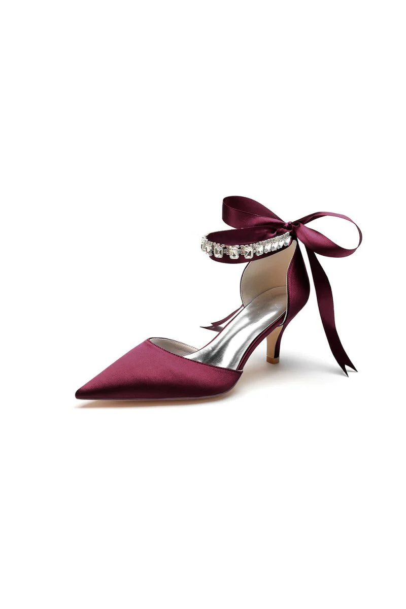 Pointed Toe Ribbons Kitten Heels With Diamond