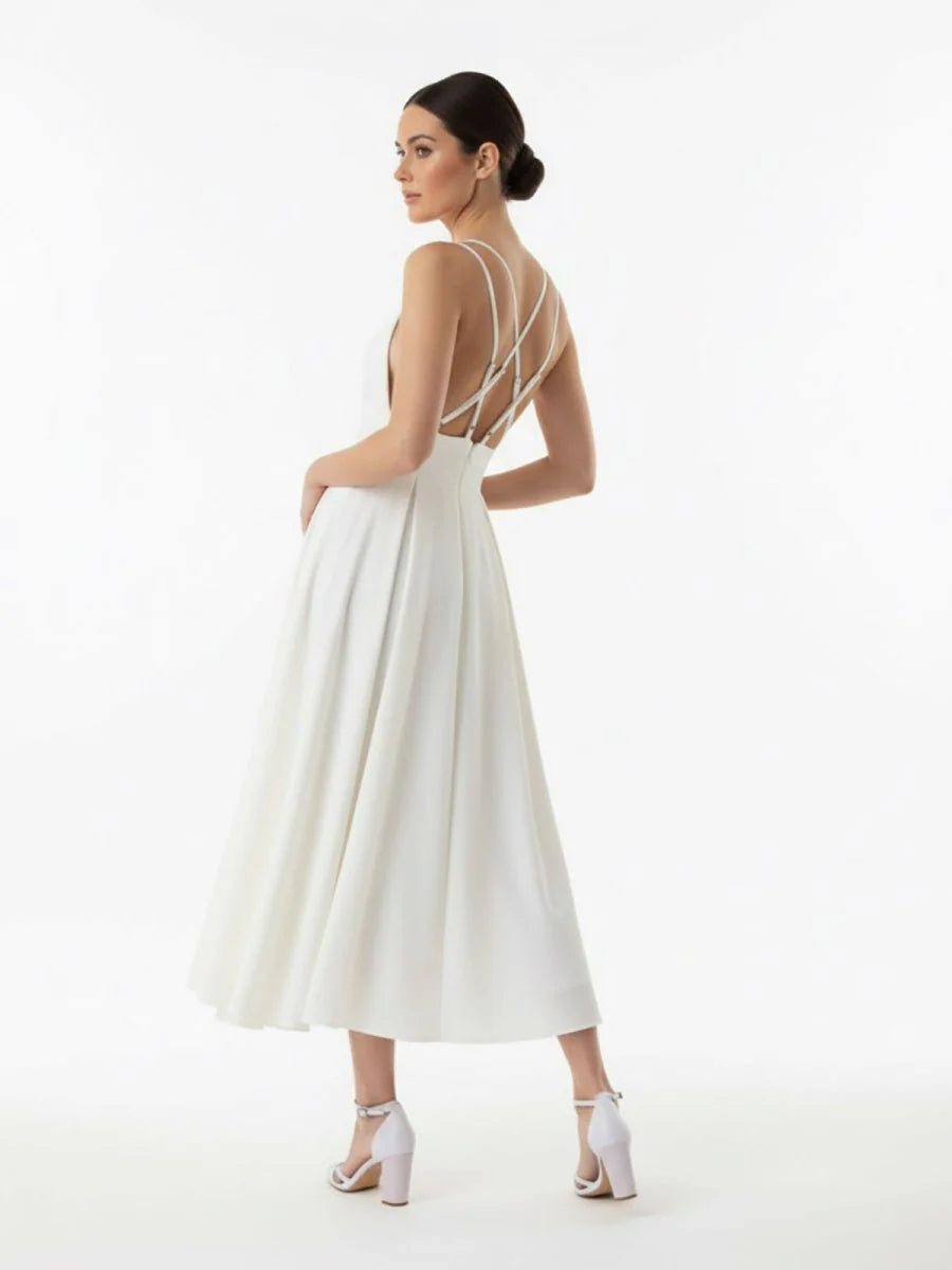 A Line V Neck Sleeveless Satin Knee Length Wedding Dress