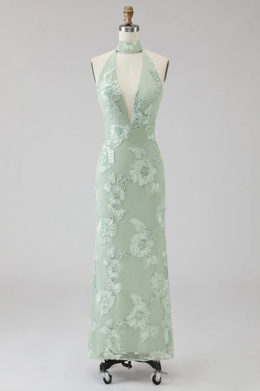 Halter Sage Mermaid Floral Wedding Guest Dress with Scarf