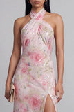 Pink Halter Floral Backless Midi Wedding Guest Dress with Slit