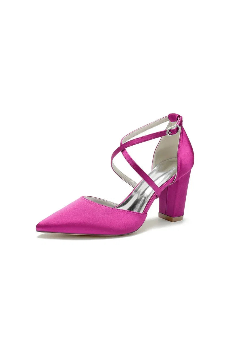 White Satin Pump with Cross Strap and Metal Accent