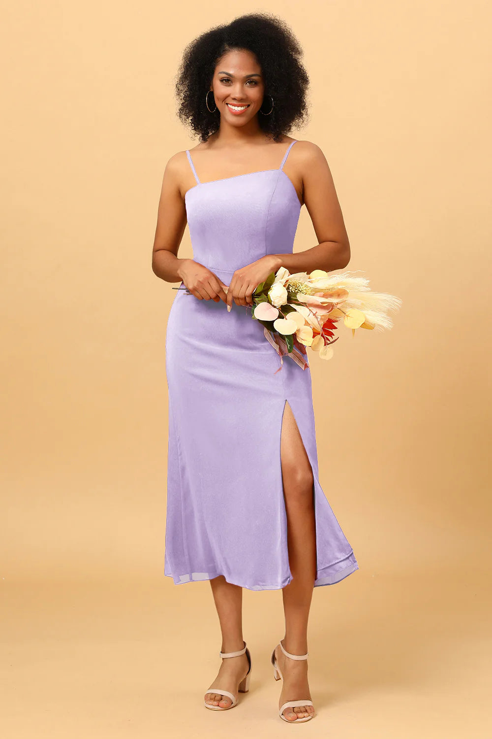 Sheath Spaghetti Straps Midi Chiffon Bridesmaid Dress with Slit