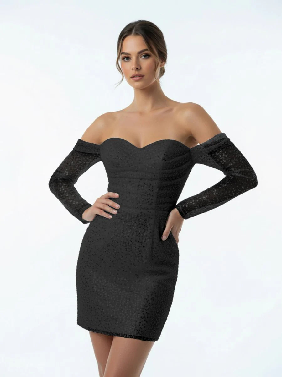 Chic Short Sequined Backless Wedding Dress With Long Detachable Sleeves