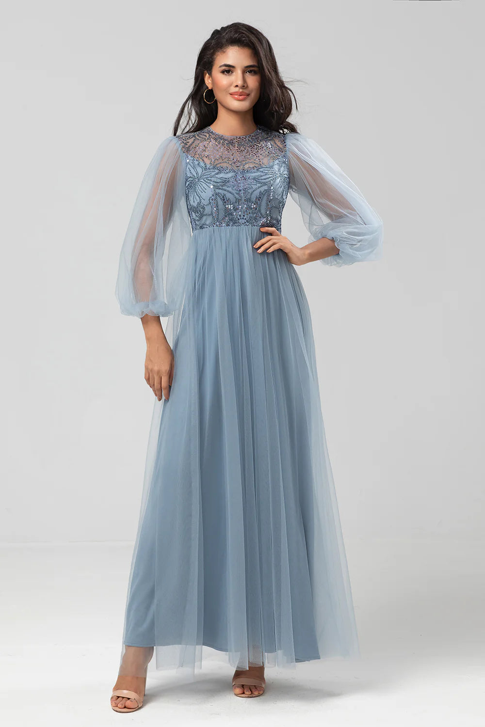 A Line Tulle Beaded Dusty Blue Bridesmaid Dress With Long Sleeves
