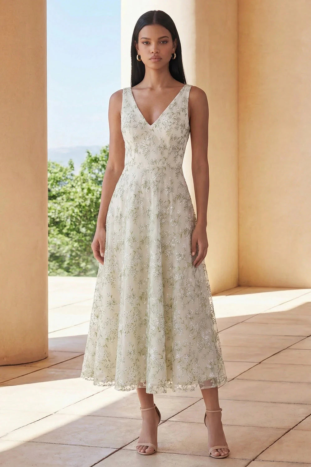 Light Green A Line V Neck Floral Midi Wedding Guest Dress