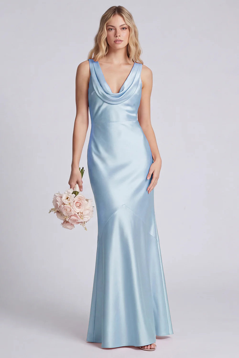 Eucalyptus Mermaid Cowl Neck Satin Long Bridesmaid Dress