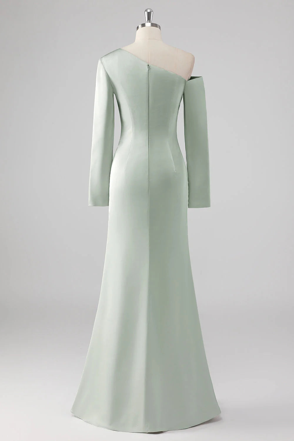 Sage Sheath One Shoulder Satin Long Bridesmaid Dress with Long Sleeves