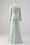 Sage Sheath One Shoulder Satin Long Bridesmaid Dress with Long Sleeves