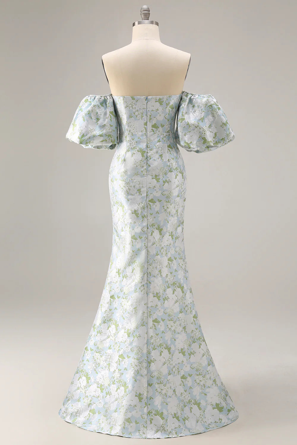 Blue White Flower Mermaid Strapless Satin Convertible Dress with Removable Sleeves